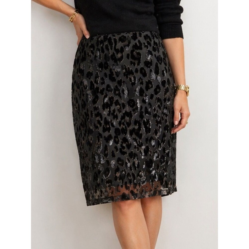 J. Crew Black Sequin Leopard Midi Skirt